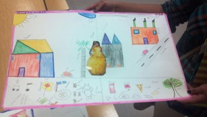 Here is a students' work for a unit on Frida Kahlo's "Standing on the Border Between the US and Mexico." 